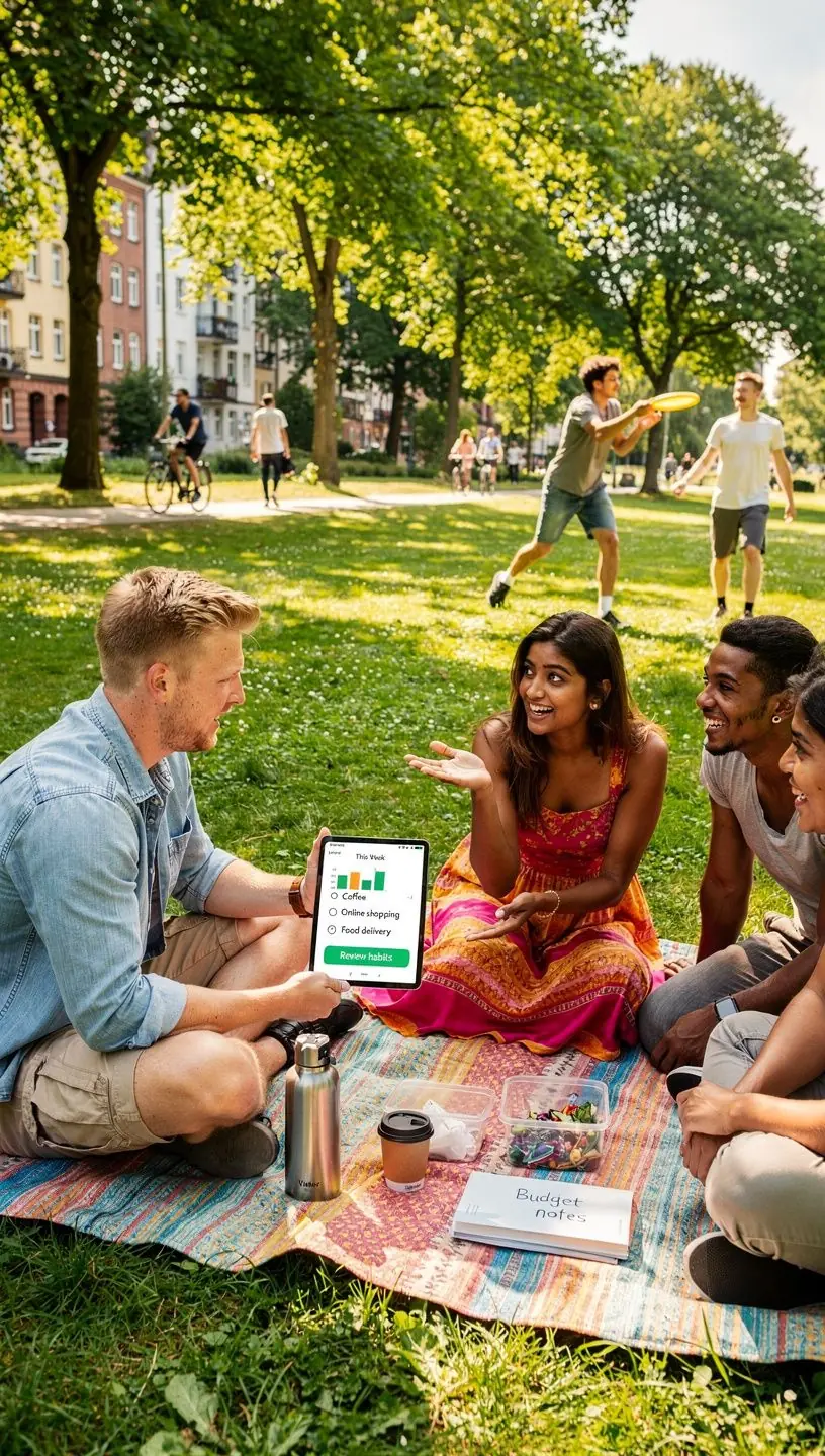 Illustration einer Sanduhr neben einem Smartphone, die eine fünfminütige Pause vor dem Kauf visualisiert, fördert reflektiertes Ausgabeverhalten.